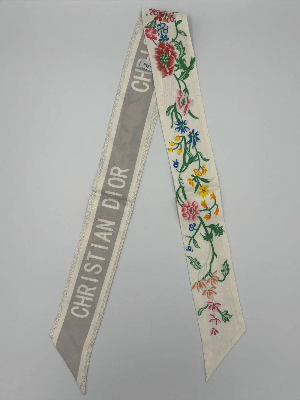 Christian Dior Mitzah Silk Scarf Floral White Gray Botanical Ribbon Twilly